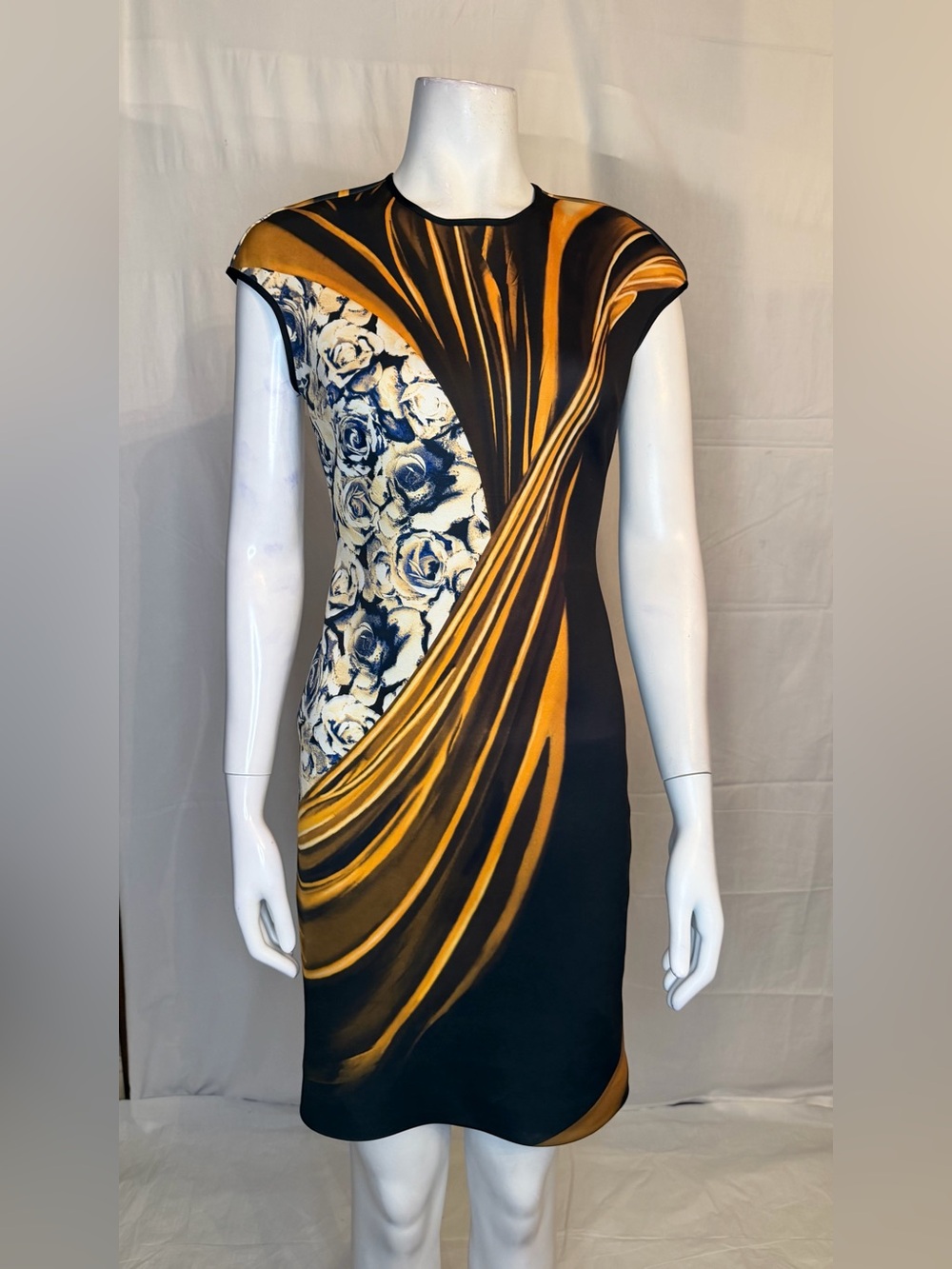 Clover Canyon Black and Gold Floral-Panel Midi Dress